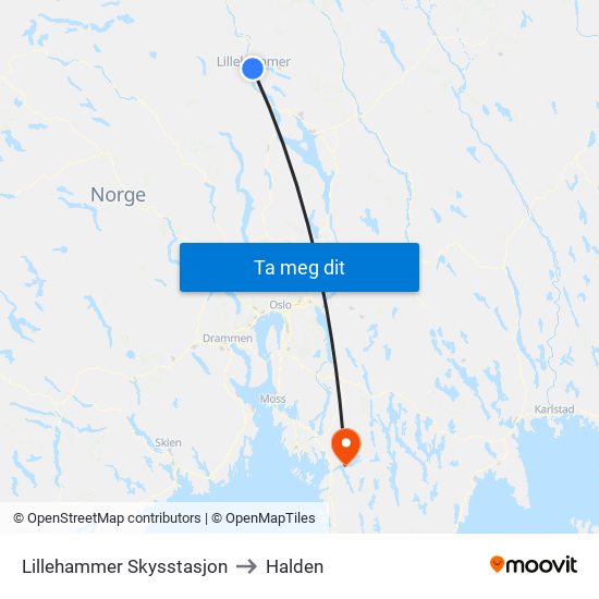 Lillehammer Skysstasjon to Halden map