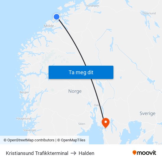 Kristiansund Trafikkterminal to Halden map