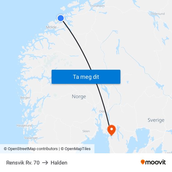 Rensvik Rv. 70 to Halden map