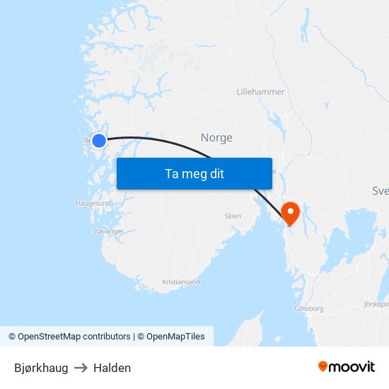 Bjørkhaug to Halden map
