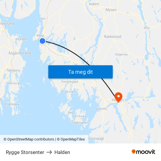 Rygge Storsenter to Halden map