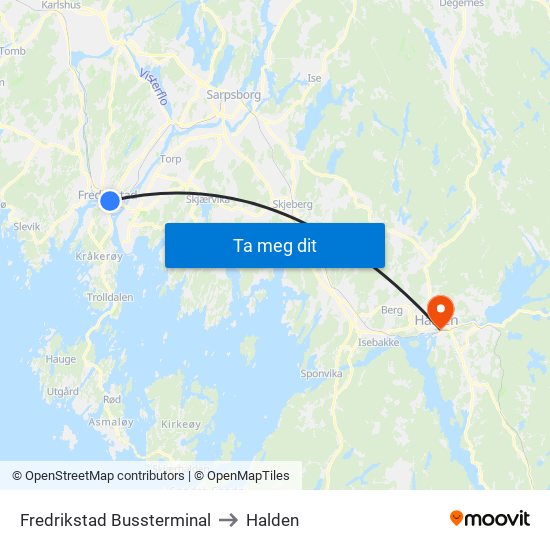 Fredrikstad Bussterminal to Halden map