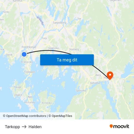 Tørkopp to Halden map