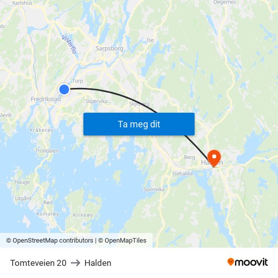 Tomteveien 20 to Halden map