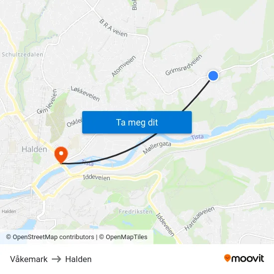 Våkemark to Halden map