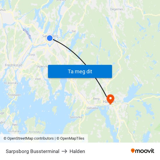 Sarpsborg Bussterminal to Halden map