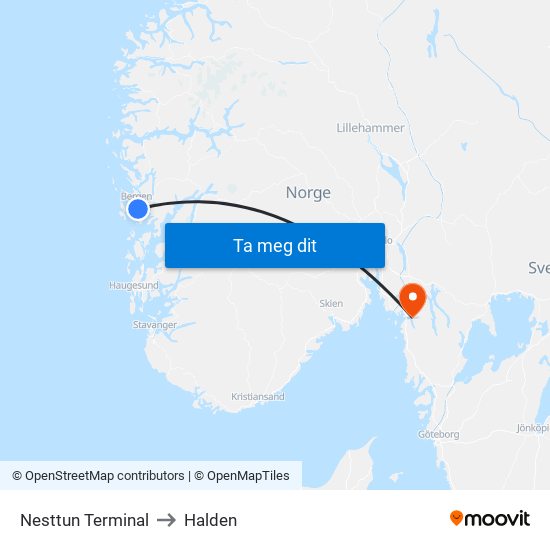 Nesttun Terminal to Halden map