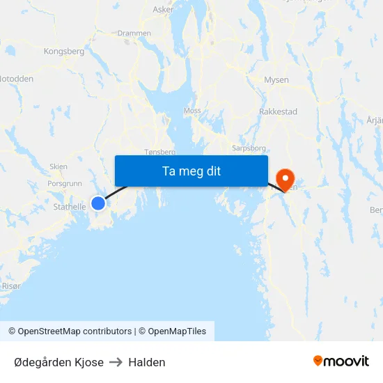 Ødegården Kjose to Halden map