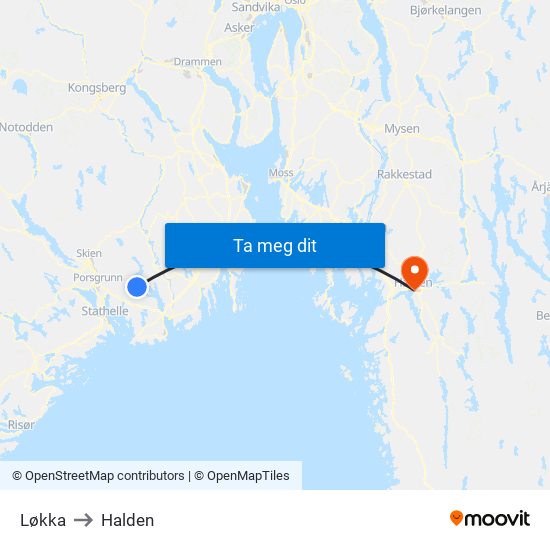 Løkka to Halden map