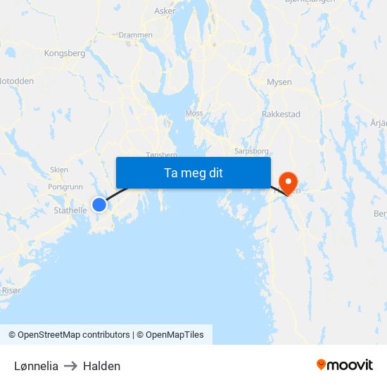 Lønnelia to Halden map