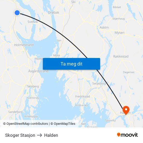 Skoger Stasjon to Halden map