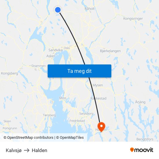 Kalvsjø to Halden map