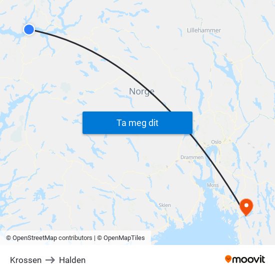 Krossen to Halden map