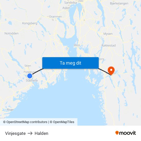 Vinjesgate to Halden map
