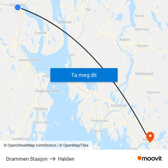 Drammen Stasjon to Halden map