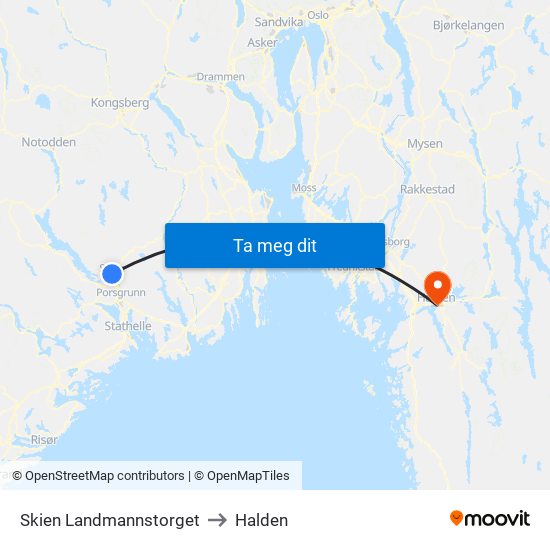 Skien Landmannstorget to Halden map