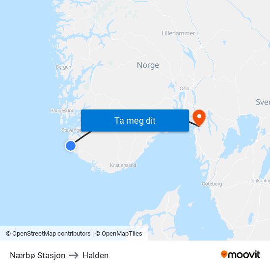 Nærbø Stasjon to Halden map