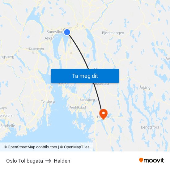Oslo Tollbugata to Halden map