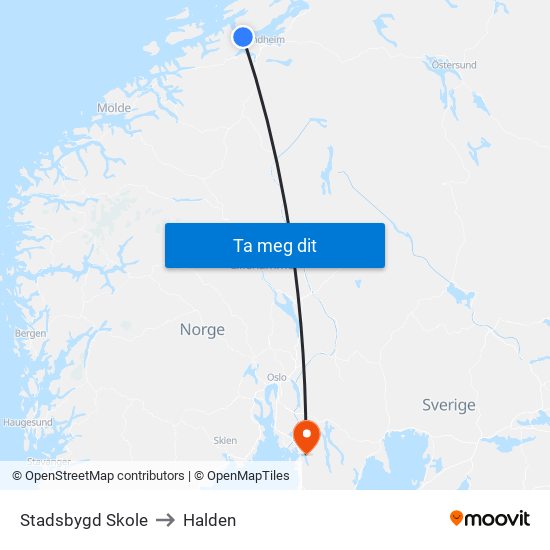 Stadsbygd Skole to Halden map