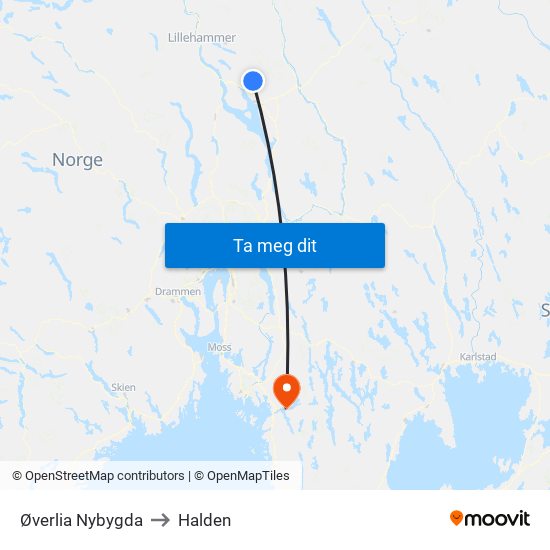 Øverlia Nybygda to Halden map