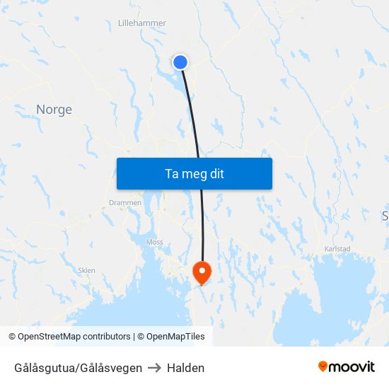 Gålåsgutua/Gålåsvegen to Halden map