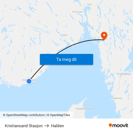 Kristiansand Stasjon to Halden map