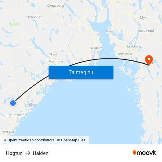 Høgtun to Halden map