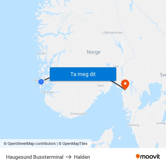 Haugesund Bussterminal to Halden map