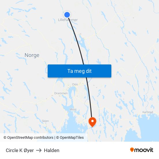 Circle K Øyer to Halden map