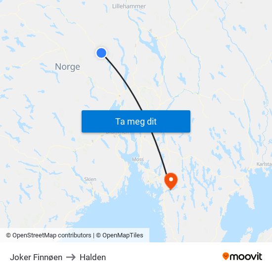 Joker Finnøen to Halden map