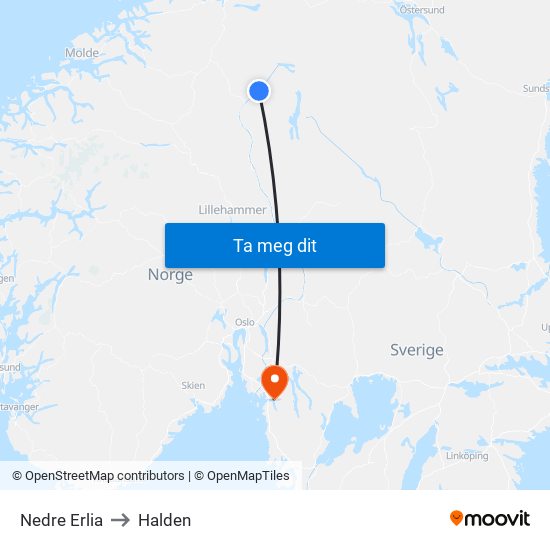 Nedre Erlia to Halden map