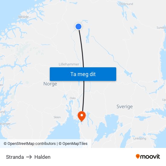 Stranda to Halden map