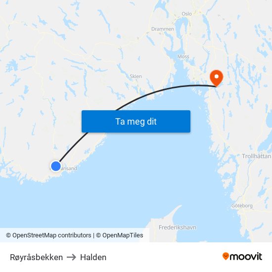 Røyråsbekken to Halden map