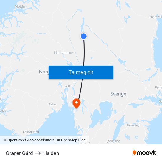 Graner Gård to Halden map