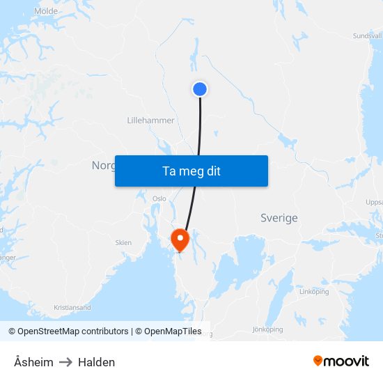 Åsheim to Halden map