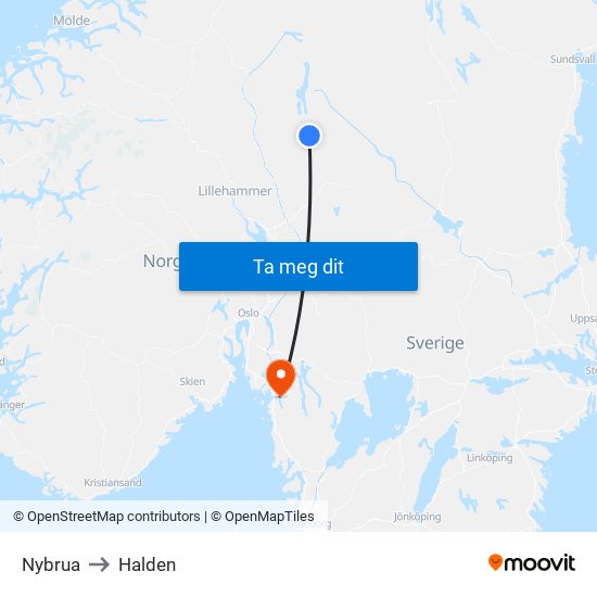 Nybrua to Halden map