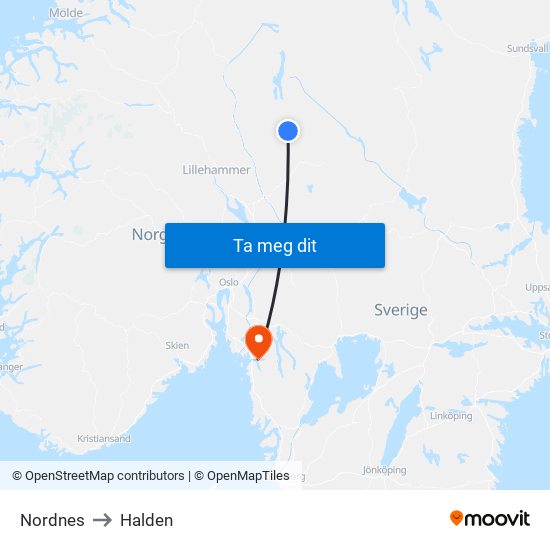 Nordnes to Halden map