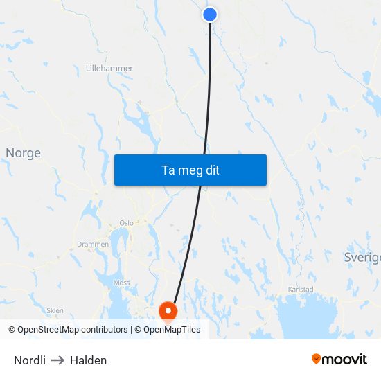 Nordli to Halden map