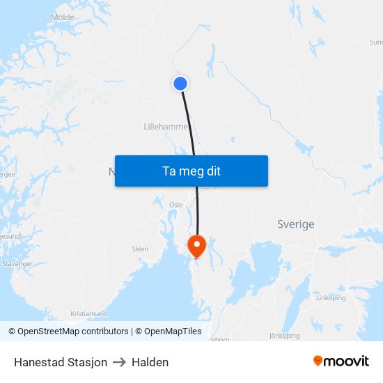 Hanestad Stasjon to Halden map