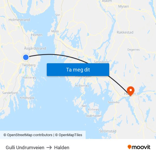 Gulli Undrumveien to Halden map