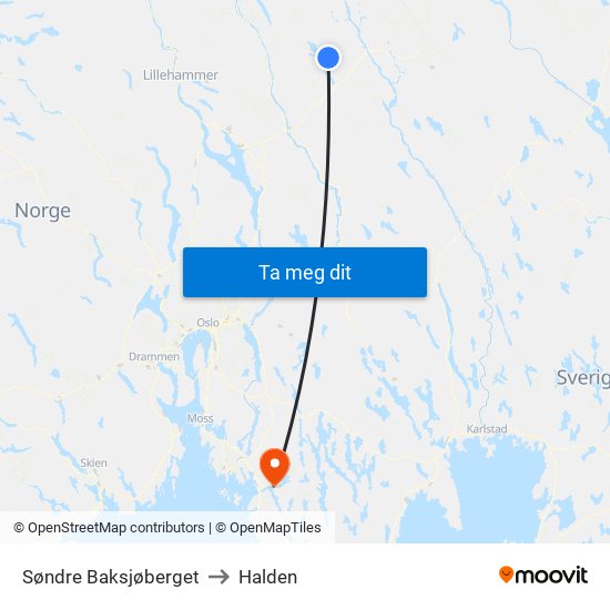Søndre Baksjøberget to Halden map