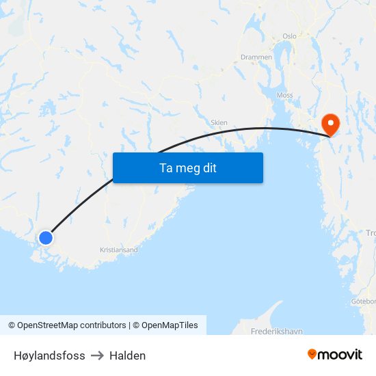 Høylandsfoss to Halden map