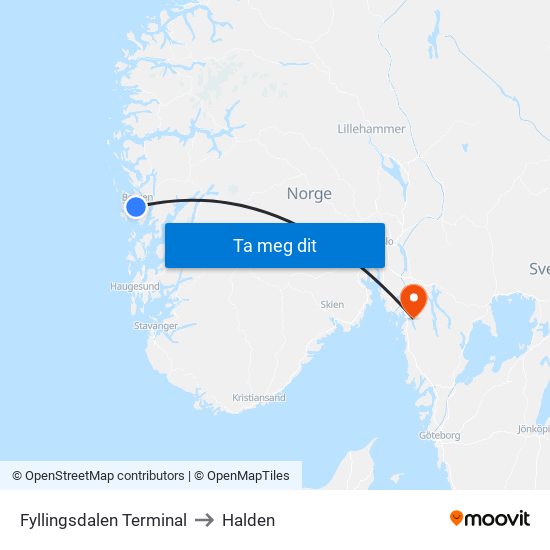 Fyllingsdalen Terminal to Halden map