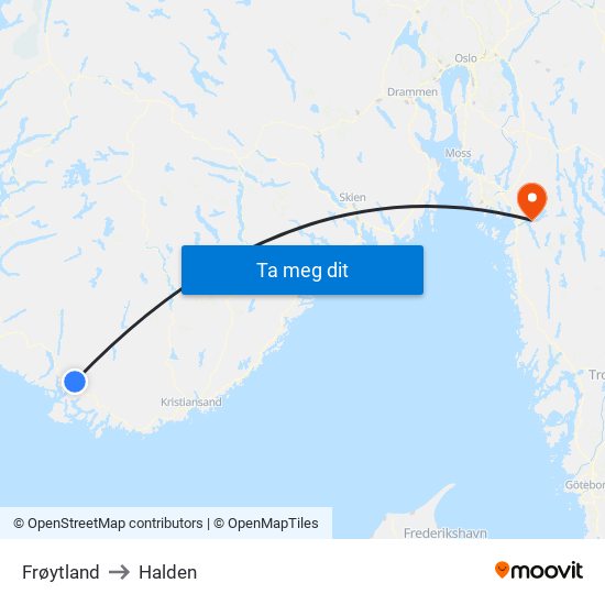Frøytland to Halden map