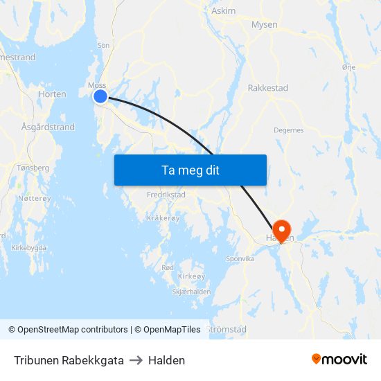 Tribunen Rabekkgata to Halden map