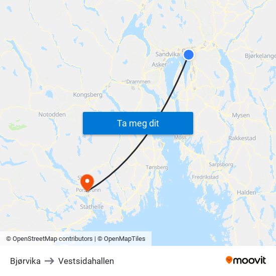 Bjørvika to Vestsidahallen map