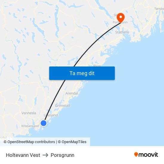 Holtevann Vest to Porsgrunn map