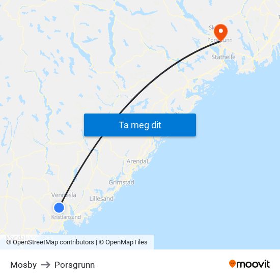 Mosby to Porsgrunn map