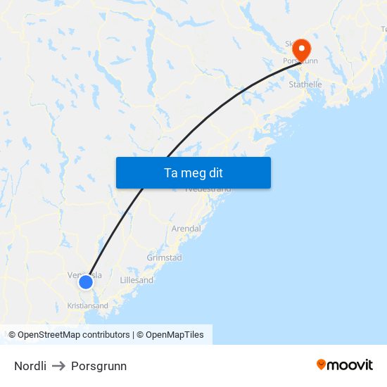 Nordli to Porsgrunn map