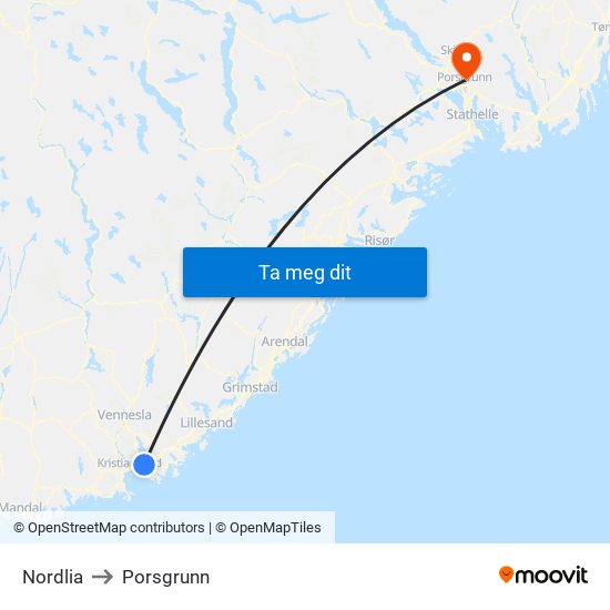 Nordlia to Porsgrunn map